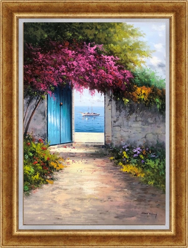 Kapıdaki pembe çiçekler ve deniz | Yağlı Boya TabloManzara