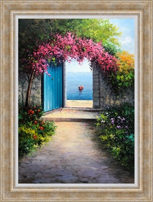 Kapıda çiçekler ve mavi gökyüzü | Yağlı Boya TabloManzara