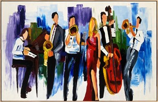 Modern yağlı boya tablolarKırmızı elbiseli solist, altı kişilik orkestra  | Yağlı Boya Tablo | kozaart galeri