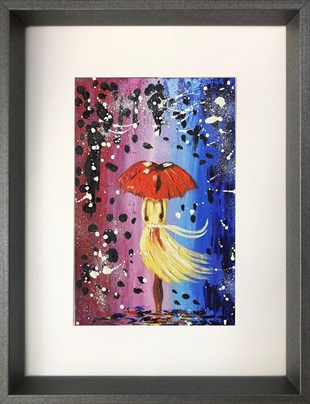 Yağmurda yürüyen kırmızı şemsiyeli kız | Yağlı Boya TabloKüçük ebat tablolar